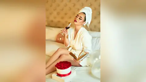 Relaxed woman in a white robe with a hair towel sipping red wine and reading a book in a luxury bedroom setting.