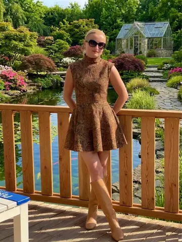Woman in a brown patterned sleeveless dress and tan boots standing by a garden pond on a sunny day.