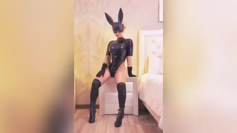 AndreaKalo wears a shiny black latex bodysuit and bunny mask, posing in front of a white nightstand and bed.