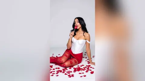 Smiling woman in a white corset and red skirt holding a red lollipop against a white studio background.