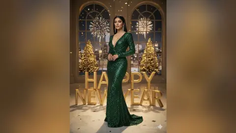 Elegant woman in a sparkling emerald green sequin gown celebrating New Year's Eve with festive fireworks.