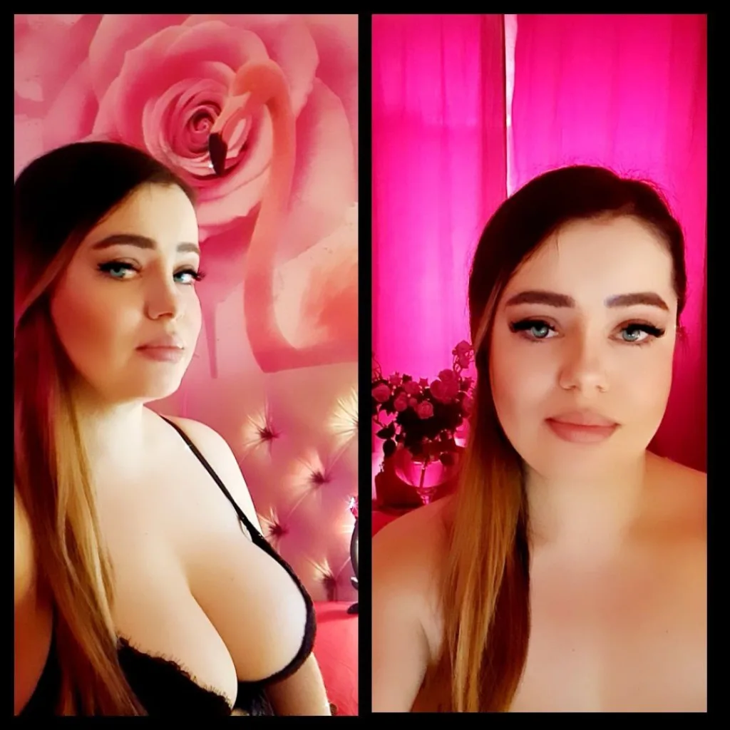 IVYDEAN looks directly at the camera with long dark hair and red lipstick, showing her face and shoulders against a bright pink background.