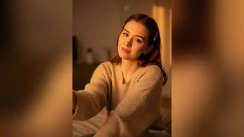 TeresiaCaspi poses in a cozy beige sweater with her long brown hair down in warm lighting.