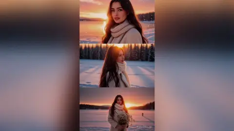 Young woman in a cozy cream sweater and scarf standing in a snowy winter landscape during a golden sunset.
