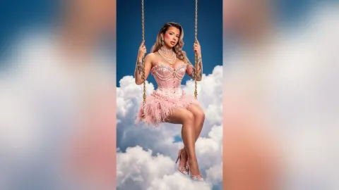 AvaBronX — AvaBronX sits on a swing in a pink feathered corset and high heels against a cloudy blue sky background.