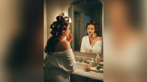 Young woman in a white bathrobe applying skincare while wearing hair rollers in a cozy bathroom setting.