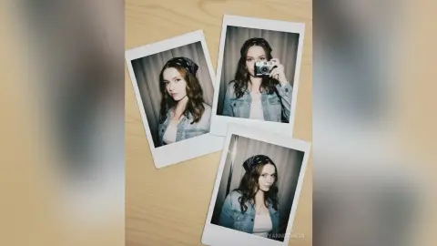 Polaroid photos of a young woman in a denim jacket and patterned headband on a wooden surface.