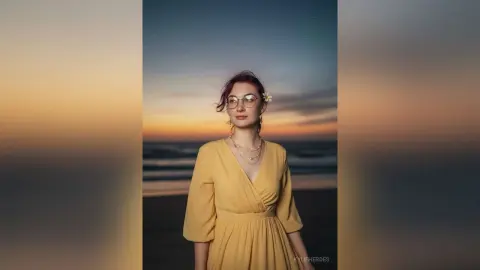 Redheaded woman in a yellow summer dress standing on a beach during a serene golden hour sunset.