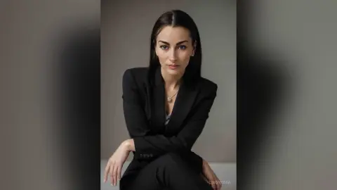 Confident brunette woman in a professional black blazer and necklace posing against a neutral studio background.