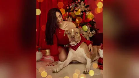 Smiling woman in a red dress sitting with a brown dog wearing a plaid bandana by a glowing Christmas tree.