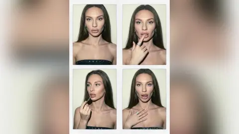 Glamorous woman in a black strapless dress posing in a moody photo booth collage.