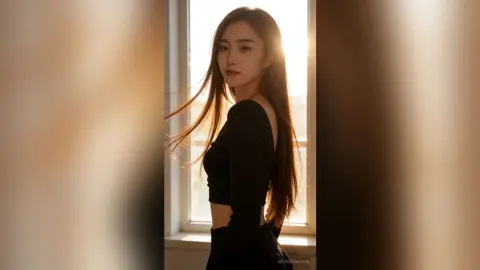 Elegant woman in a black crop top posing by a sunlit window in a warm, dreamy indoor setting.