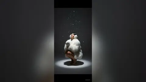 Elegant woman in a white faux fur coat posing under a spotlight in a dark, dreamy atmosphere.