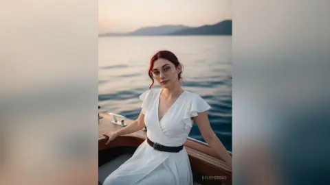 Elegant woman in a white ruffled dress relaxing on a boat at sunset by the ocean.