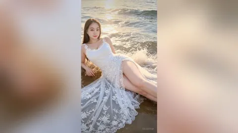 CelesteQi — CelesteQi reclines on a sandy beach in a white lace dress as waves wash near her legs.