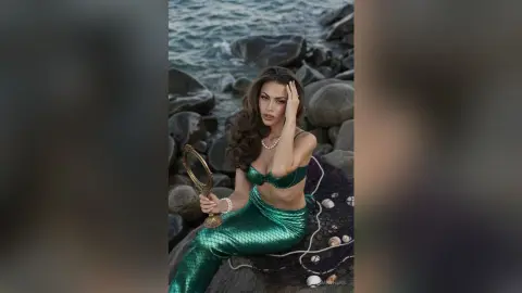 AnaMathers poses on dark rocks by the ocean wearing a shiny green bikini top and matching scales skirt.