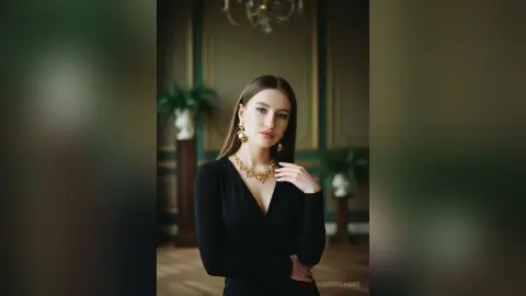 Elegant woman in a black V-neck dress and gold jewelry posing in a sophisticated vintage interior.