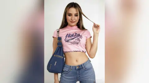 Young woman in a pink graphic crop top and blue jeans posing with a blue shoulder bag in a bright studio.