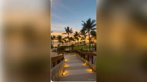 Serene sunset view over a tropical beach with palm trees and lit stone stairs at a luxury resort.