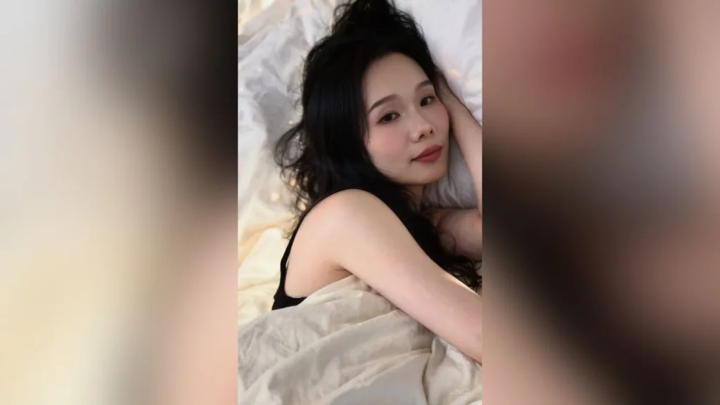 lingzi — lingzi lies in bed with long black hair and a black tank top, looking at the camera.