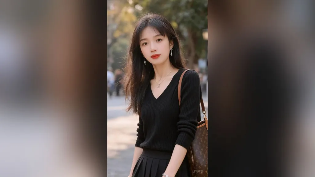 liyufei — liyufei wears a black V-neck sweater and a black skirt while standing outdoors with a brown handbag.