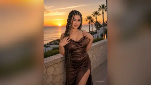 Woman in a brown satin slip dress posing against a sunset ocean backdrop at a tropical resort.