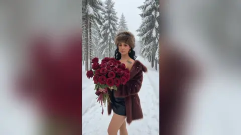 Elegant woman in a brown fur coat and hat holding a large bouquet of red roses in a snowy winter forest.