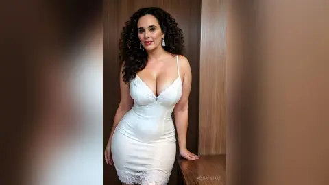 Curvy woman with curly hair wearing a white satin slip dress posing in a modern interior setting.
