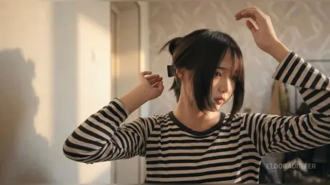 Young woman in a striped long-sleeve shirt fixing her hair in a sunlit room with a peaceful mood.