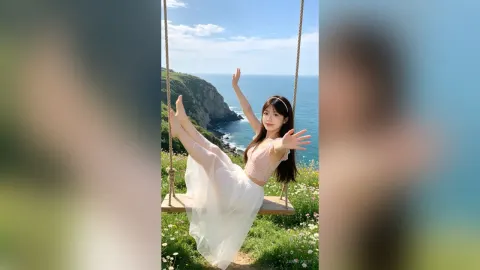 JanetJolie — JanetJolie sits on a wooden swing overlooking the ocean, wearing a white skirt and pink top with her legs raised in the air.