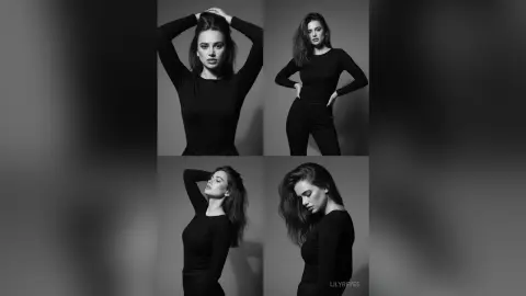 Moody black and white portrait of a woman in a black long-sleeve top posing against a dark studio background.