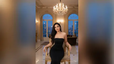 Elegant woman in a sleek black strapless gown posing in a luxurious gold ballroom with a crystal chandelier.