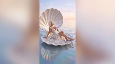 Ethereal blonde woman in a white flowing gown sitting in a giant seashell on a calm ocean at sunset.