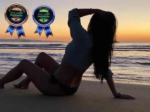 Silhouette of a woman in a blue top and bikini relaxing on a beach at sunset by the ocean.