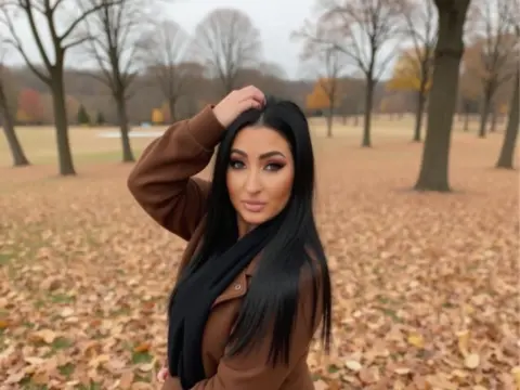 Woman in a brown coat and black scarf posing in an autumn park with fallen leaves.