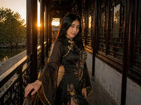 Young woman in a black traditional Chinese hanfu dress posing on a wooden balcony during a golden sunset.