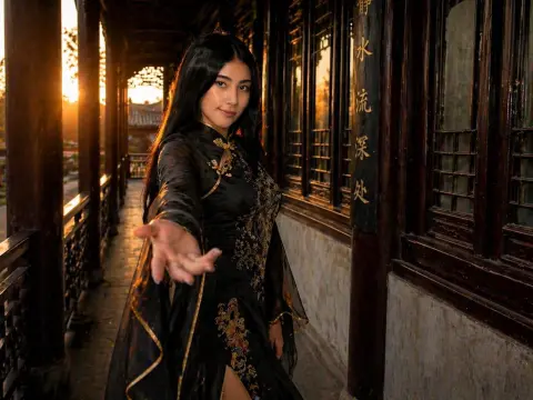 Young woman in elegant black traditional Chinese hanfu standing in a sunset lit wooden corridor.