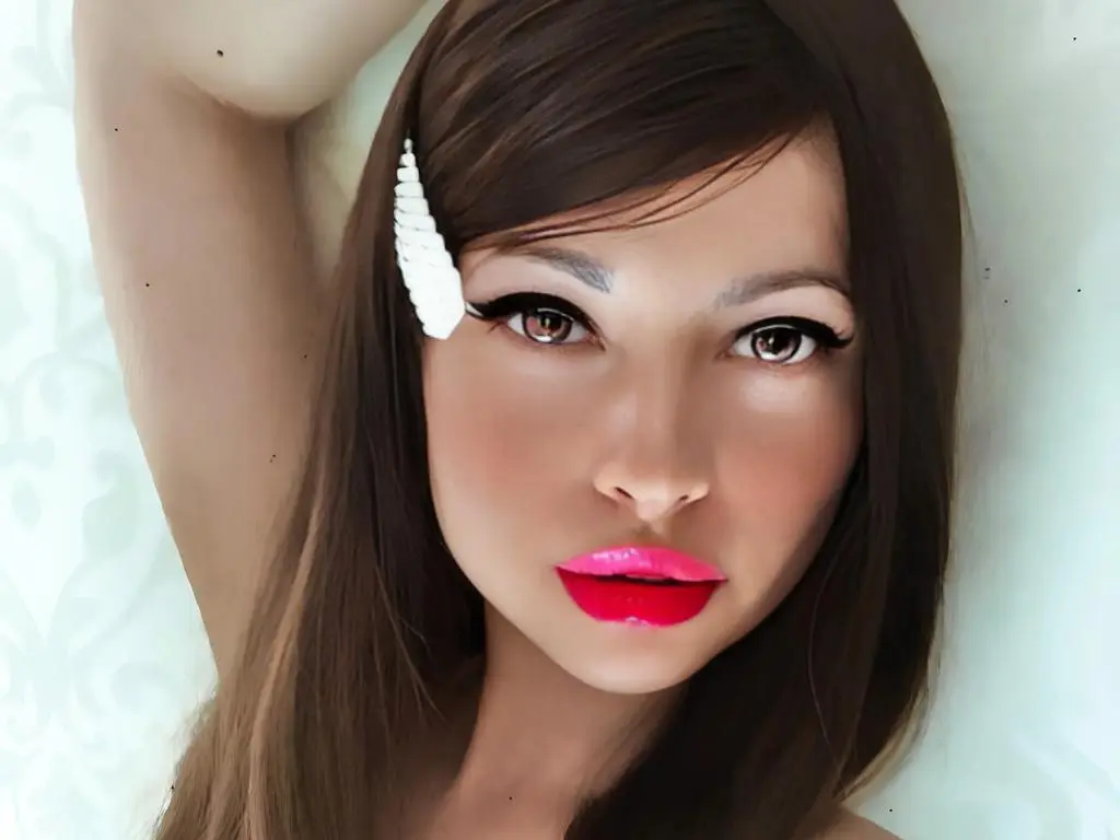 loveSQUIRTS — Beautiful woman with long brown hair and white feather accessory lying on white bedding with bright pink lipstick.