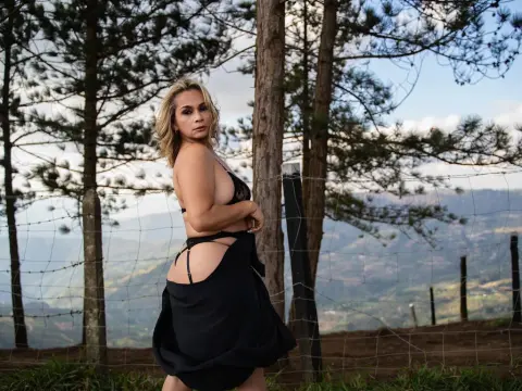 CarlaOlivieri — Blonde woman in a black skirt posing by a wire fence in a scenic mountain landscape at sunset.