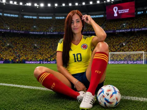 AntonelaDreamss sits on a soccer field wearing a yellow Colombia jersey and red socks, posing with her hand near her face.