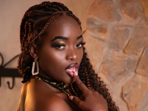 Beautiful Black woman with long braids and gold earrings posing glamorously against a rustic stone wall.