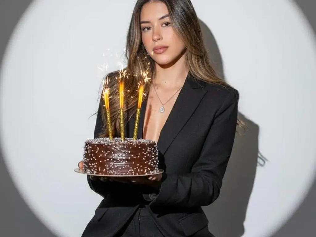 SashaCollins — Young woman in a black blazer holding a chocolate birthday cake with sparkling lit candles in a studio setting.