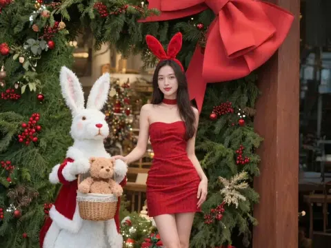 Elegant woman in a red cocktail dress standing by a festive Christmas bunny and holiday greenery.