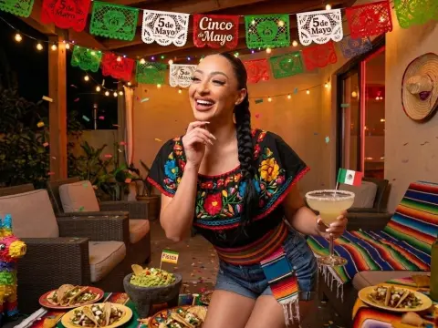 Smiling woman in traditional Mexican floral blouse celebrating Cinco de Mayo with tacos at an outdoor party.