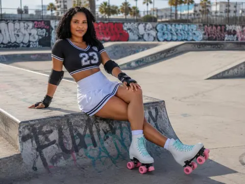 Young woman in black crop top and white skirt roller skating at a sunny urban skatepark with graffiti walls.