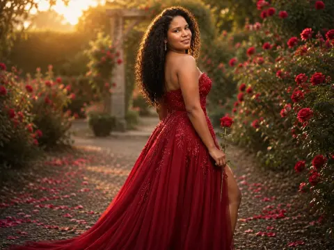 Smiling woman in a glamorous red evening gown holding a rose in a lush rose garden at sunset.