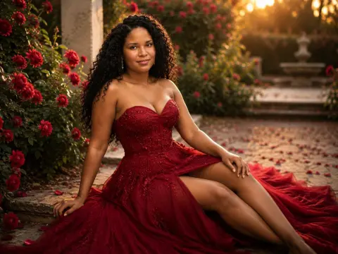 Smiling woman in a glamorous red strapless gown sitting in a sunlit rose garden at sunset.
