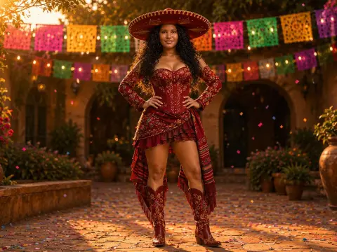 Woman in a red traditional Mexican charro outfit posing in a festive courtyard with colorful papel picado.