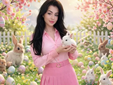 Smiling woman in pink outfit holding a white bunny in a dreamy spring meadow filled with flowers and Easter eggs.