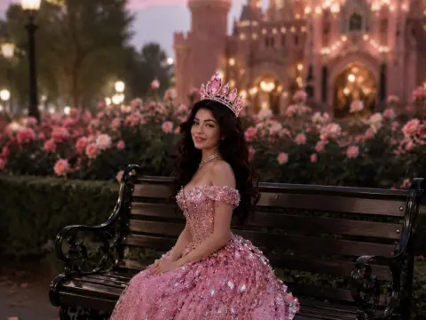 Smiling woman in a pink princess gown and crystal tiara sitting on a park bench near a fairy tale castle.